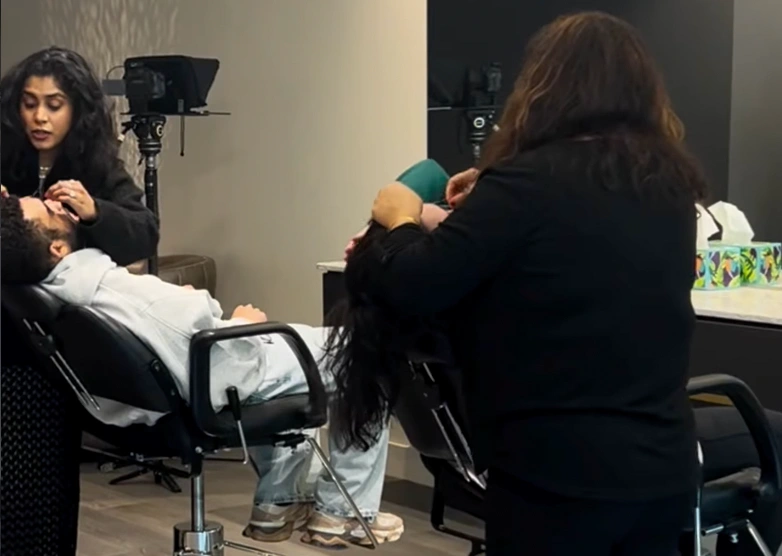 Brow mapping being measured before shaping at the Erothots salon