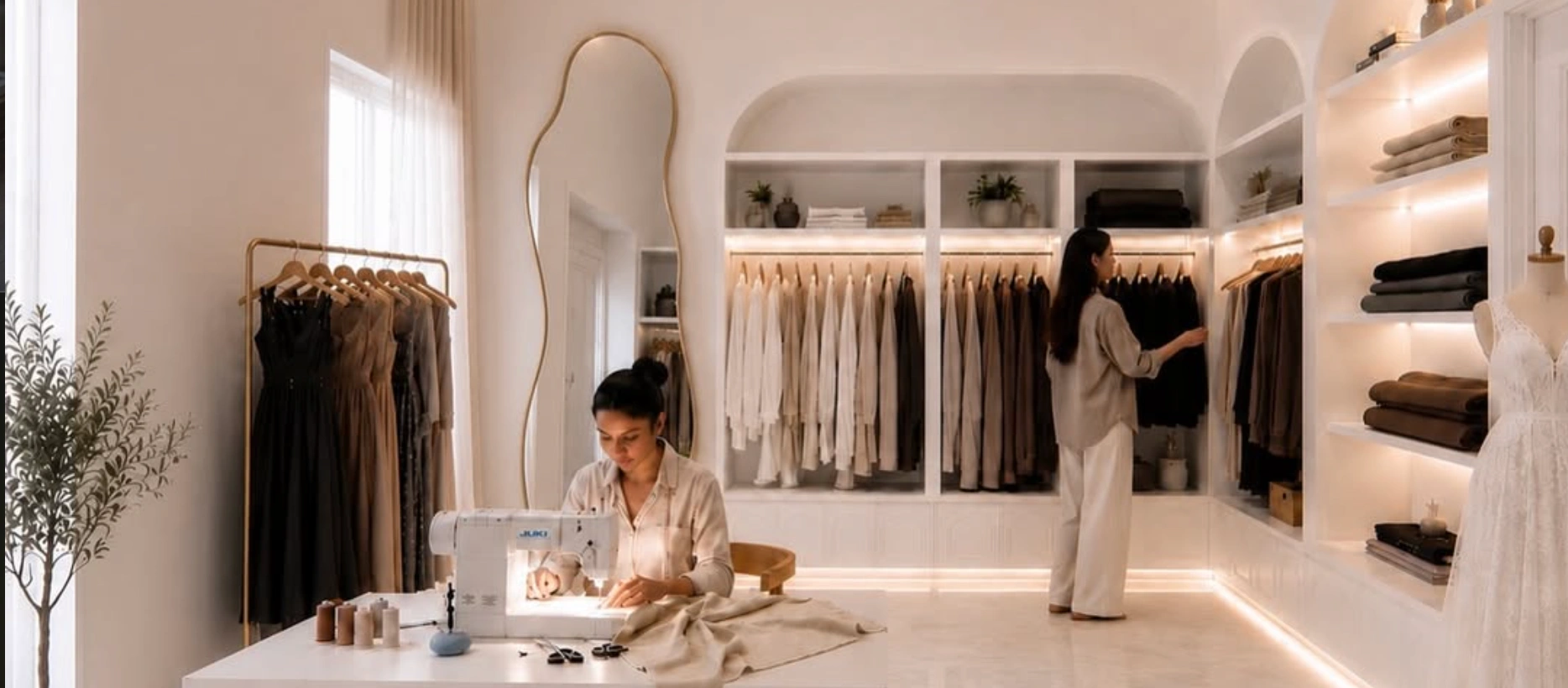 The Erothots fashion studio workroom with cloth and patterns in progress
